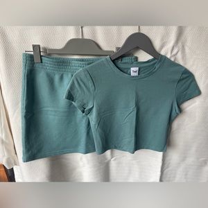 Tna (from Aritzia) Terry Fleece Mini Skirt & Crop Top Set in Blue / Teal